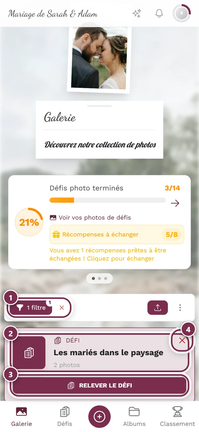 Galerie filtrée sur un défi avec quatre repères : puce de filtre, en-tête de défi, bouton Relever le défi, X pour retirer