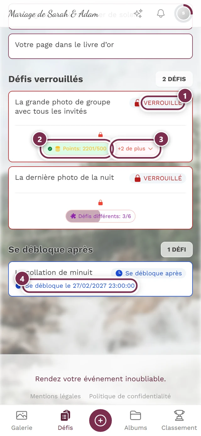 Section Défis verrouillés avec quatre repères : ligne Conditions pour déverrouiller, étiquette de condition, étiquette pour les conditions restantes, ligne de date