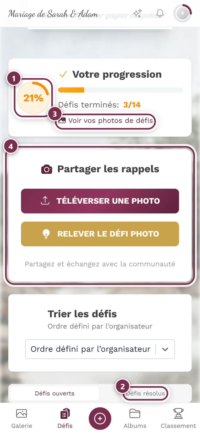 Haut de la page des défis avec quatre repères : anneau de progression, ligne Défis terminés, lien, carte Partager les rappels