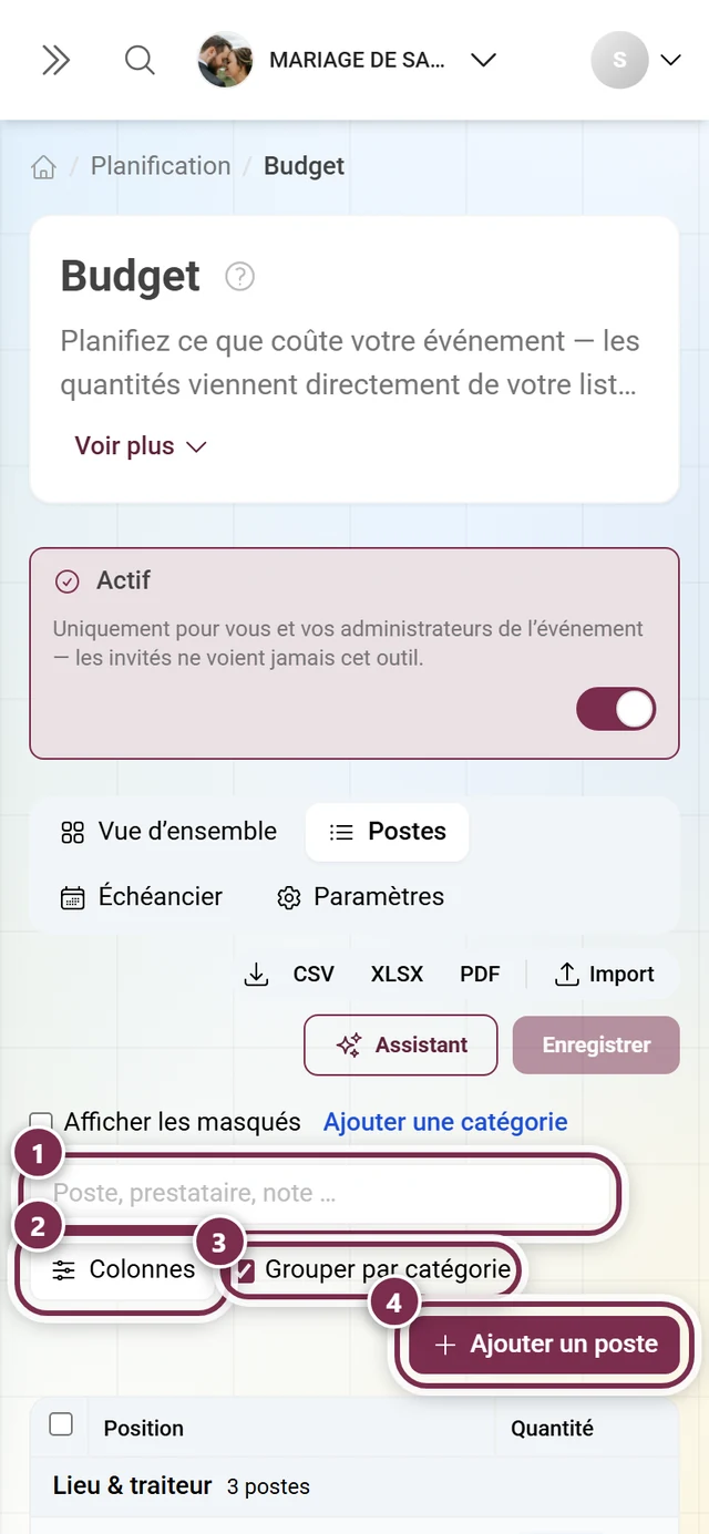 Barre d'outils au-dessus du tableau des postes avec recherche, colonnes, groupement et ajout de poste