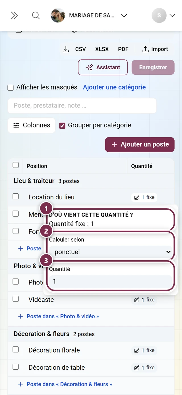 Menu de quantité déplié avec l'explication, le choix de la base et le champ de quantité