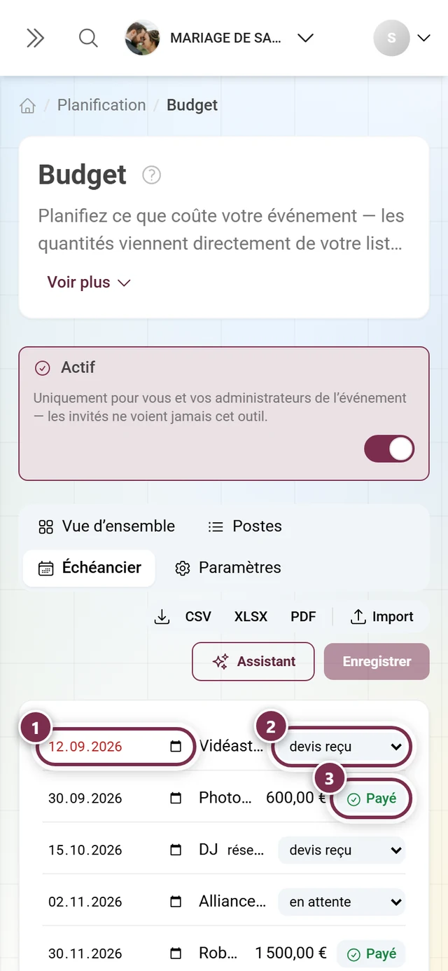 Échéancier avec échéance, statut d'une réservation et le bouton Payé sur une échéance de paiement
