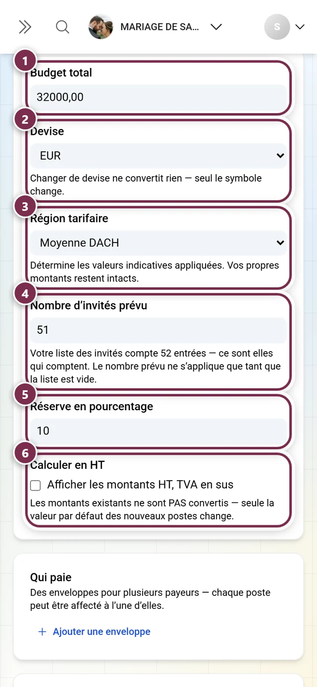 Paramètres du budget avec budget total, devise, région tarifaire, nombre d'invités, réserve et commutateur HT