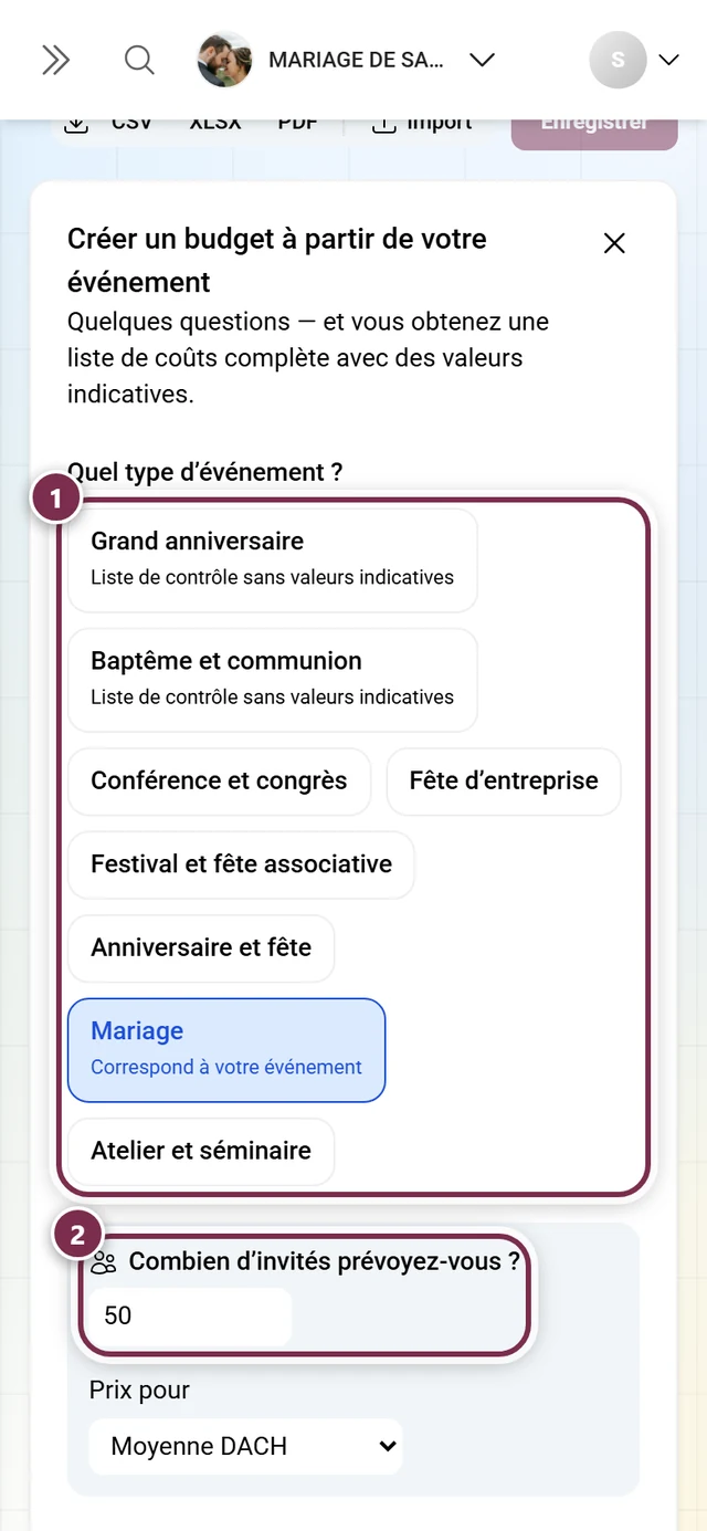Assistant avec les vignettes de type d'événement et la question sur le nombre d'invités