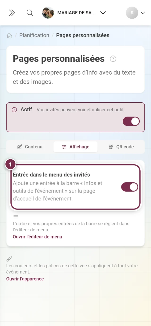 Onglet Affichage des Pages personnalisées avec l'interrupteur Entrée dans le menu des invités mis en évidence