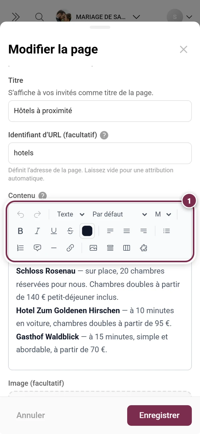 Fenêtre de page avec la barre d'outils de l'éditeur de texte enrichi mise en évidence