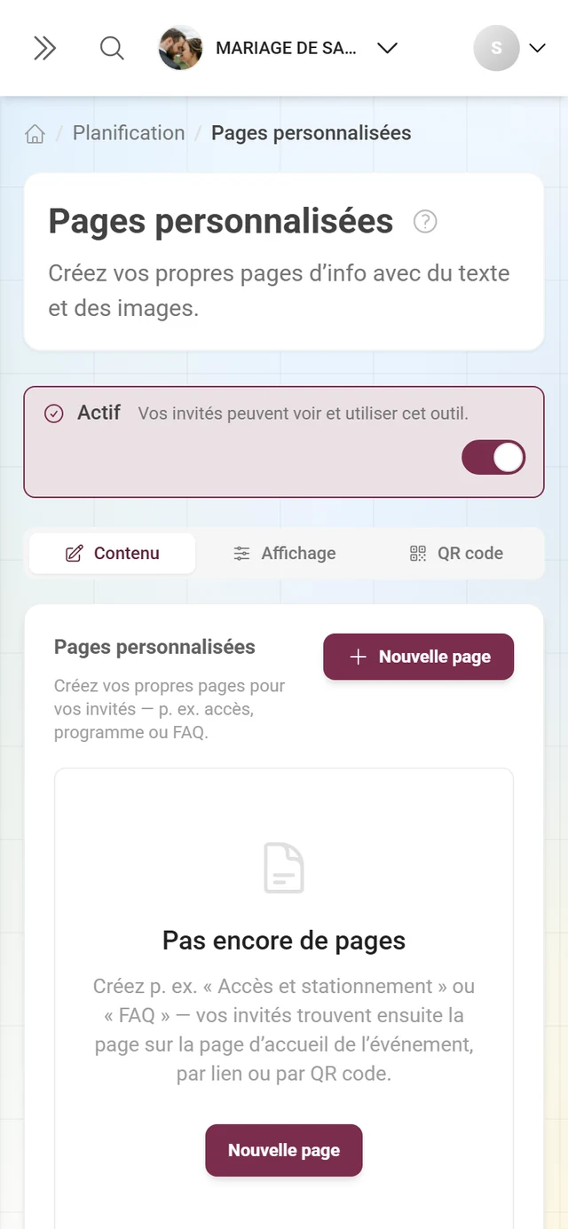 État vide des Pages personnalisées avec la mention Aucune page pour l'instant et le bouton Nouvelle page