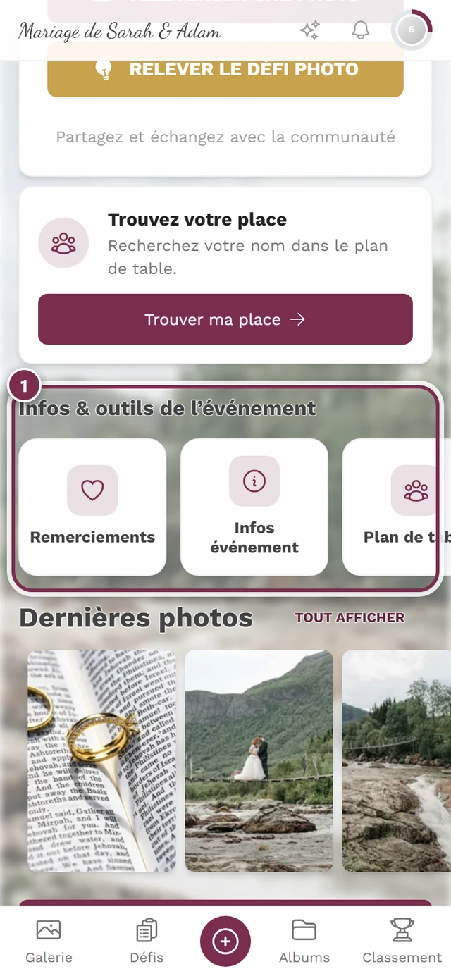 Rangée Infos et outils de l'événement sur la page d'accueil des invités avec la vignette d'une page personnalisée mise en évidence