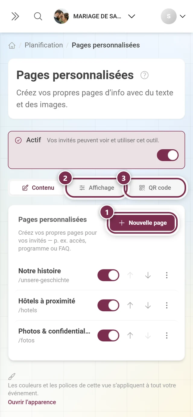 En-tête des Pages personnalisées avec le bouton Nouvelle page mis en évidence et les onglets Affichage et QR code