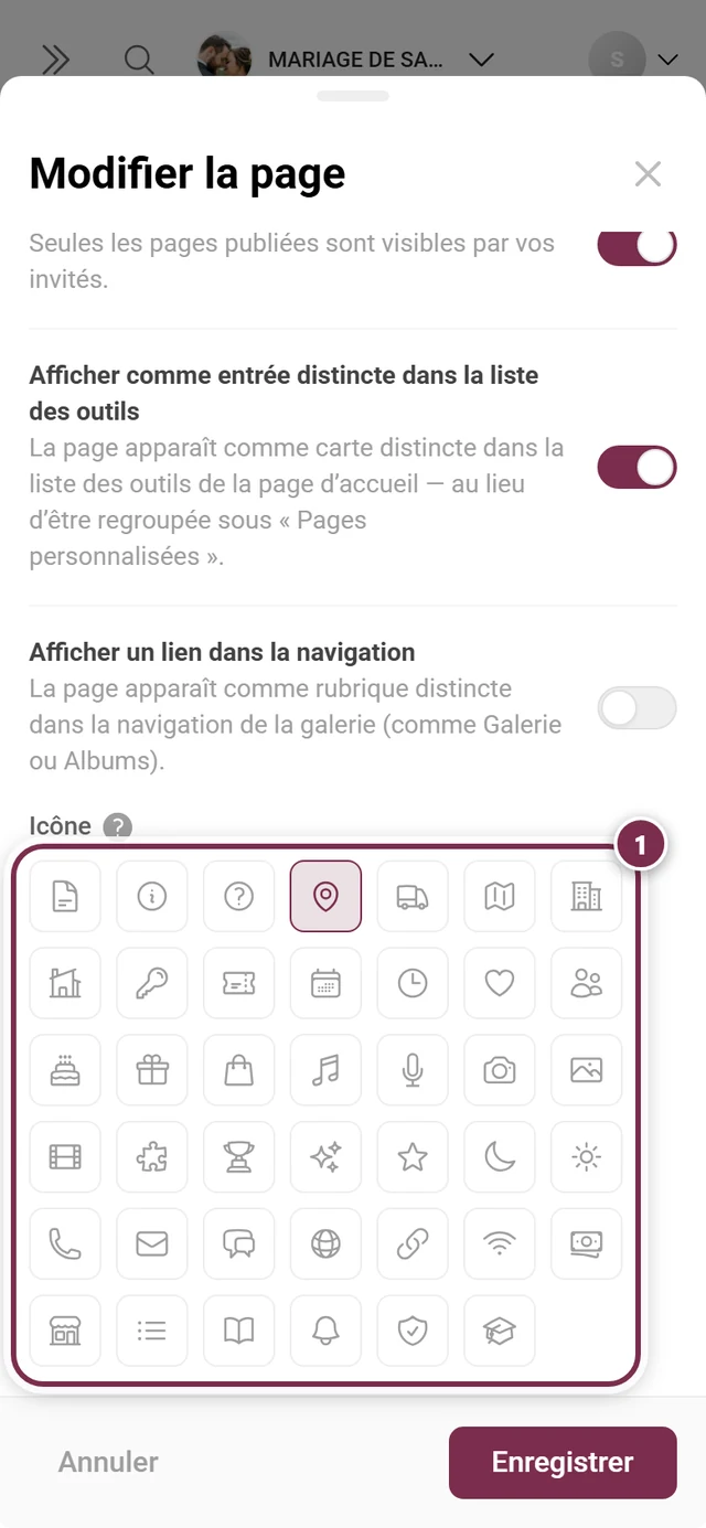 Sélecteur d'icônes dans la fenêtre de page avec quarante et une icônes, l'icône de carte sélectionnée