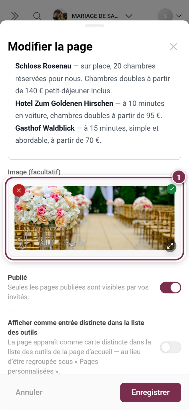 Fenêtre de page avec la zone image mise en évidence et une photo d'exemple sélectionnée