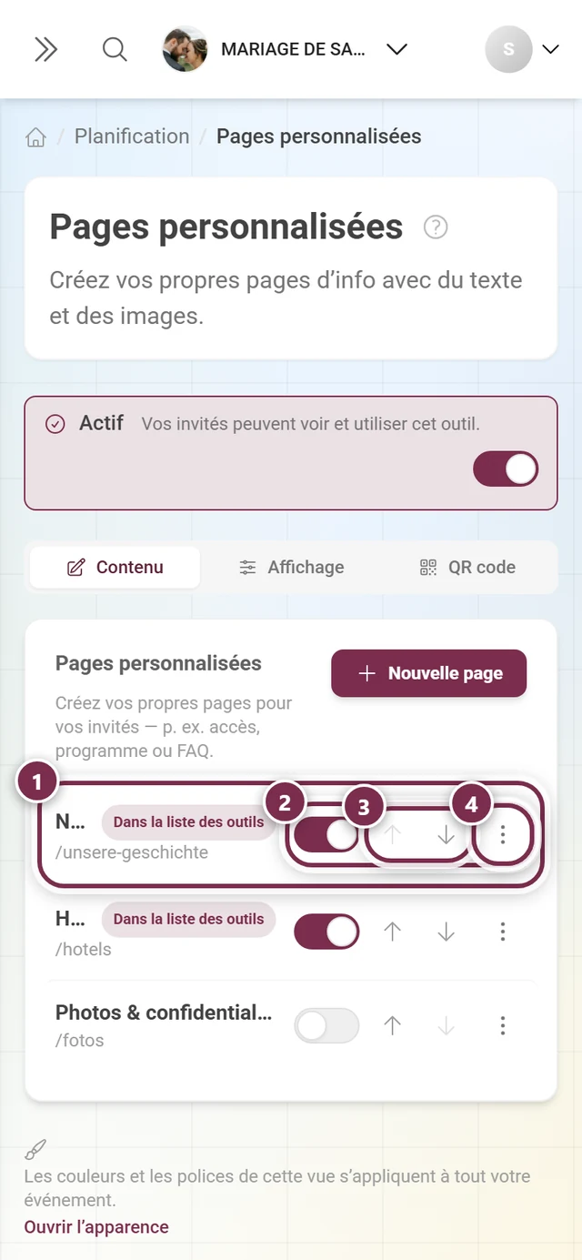 Liste de trois pages personnalisées, avec une ligne, l'interrupteur Publié, les flèches et le menu à trois points mis en évidence