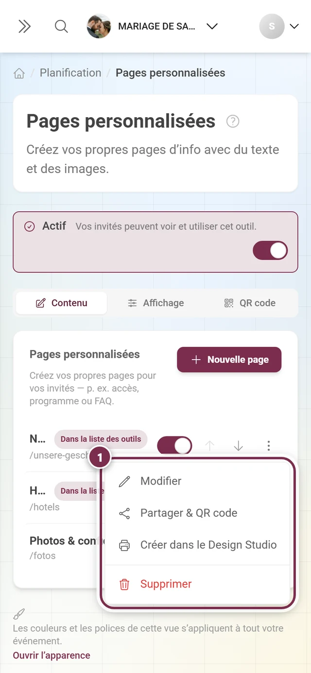 Menu à trois points ouvert d'une page avec quatre entrées