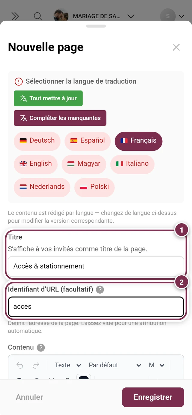 Fenêtre Nouvelle page avec le titre Accès et stationnement rempli et l'identifiant d'URL acces