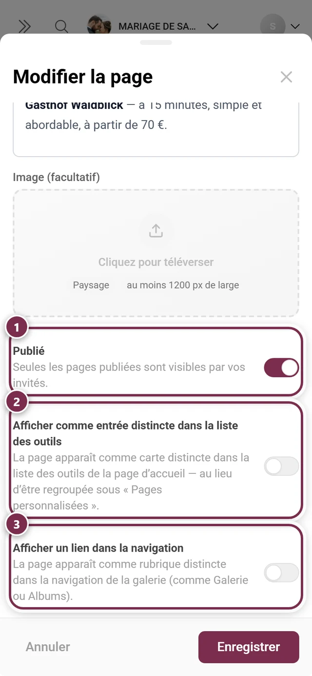 Les trois interrupteurs de la fenêtre de page, chacun mis en évidence séparément