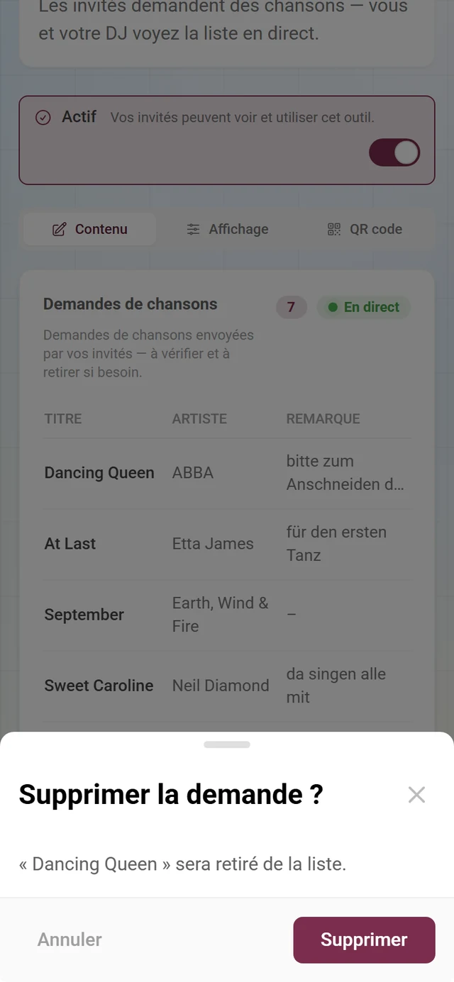 Confirmation Supprimer la demande avec le titre de la demande concernée