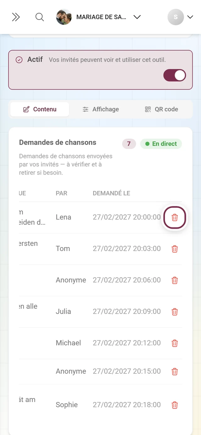 Liste des demandes avec l'icône de corbeille mise en évidence à la fin de la première ligne