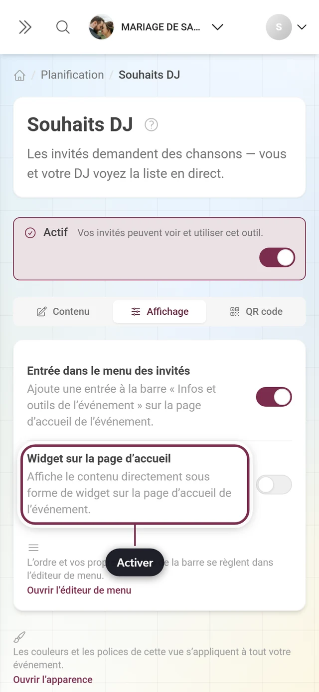 Onglet Affichage des Souhaits DJ avec l'interrupteur du widget mis en évidence
