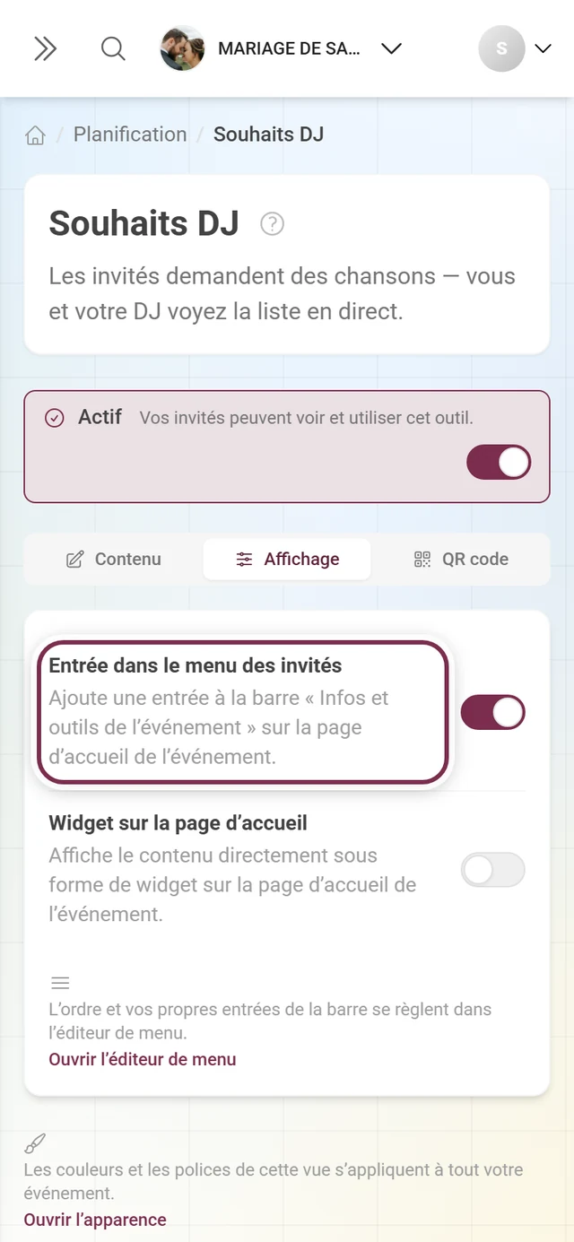 Onglet Affichage des Souhaits DJ avec l'interrupteur Entrée dans le menu des invités mis en évidence