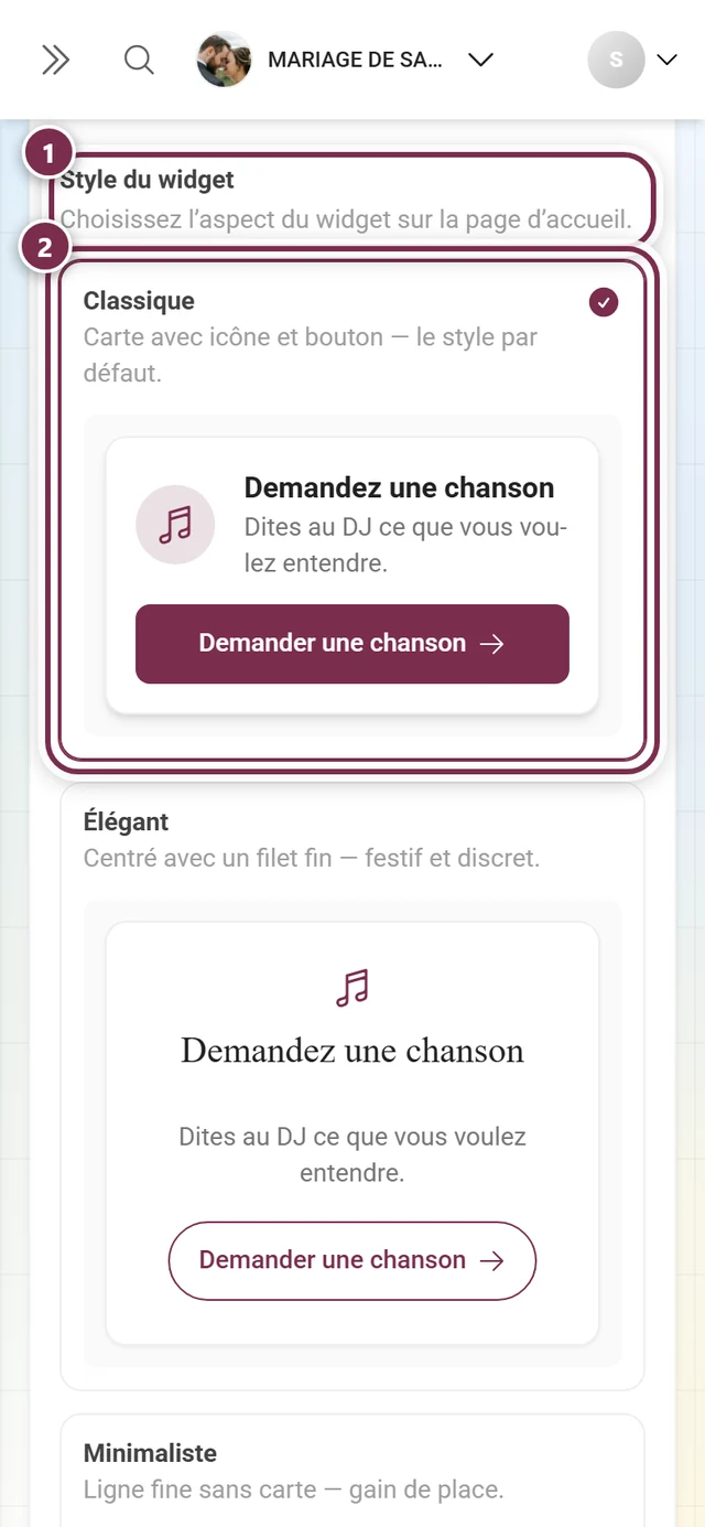 Bloc Style du widget avec le titre et la carte Classique mis en évidence