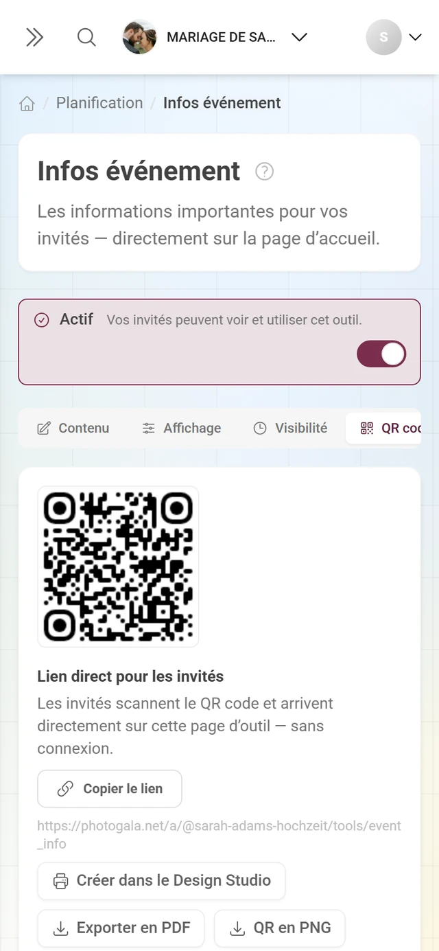 Onglet QR code d'un outil avec lien direct, image QR et les boutons d'export