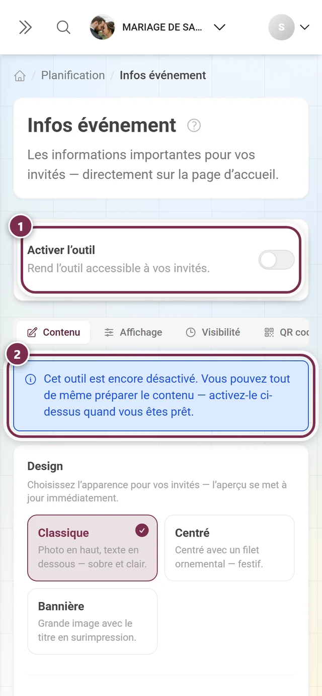 Page Infos événement avec l'interrupteur de l'outil désactivé et un message bleu en dessous