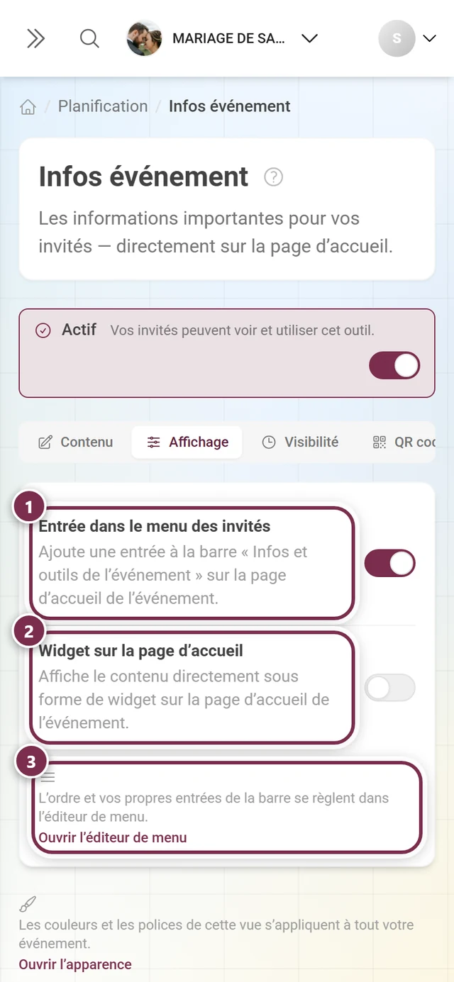 Onglet Affichage avec les interrupteurs pour l'entrée du menu des invités et le widget de la page d'accueil