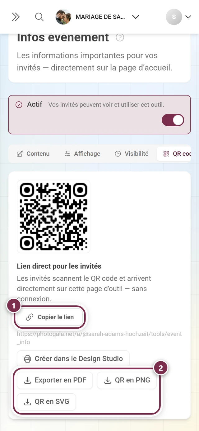 Onglet QR code avec le code, le bouton Copier le lien et les boutons d'export