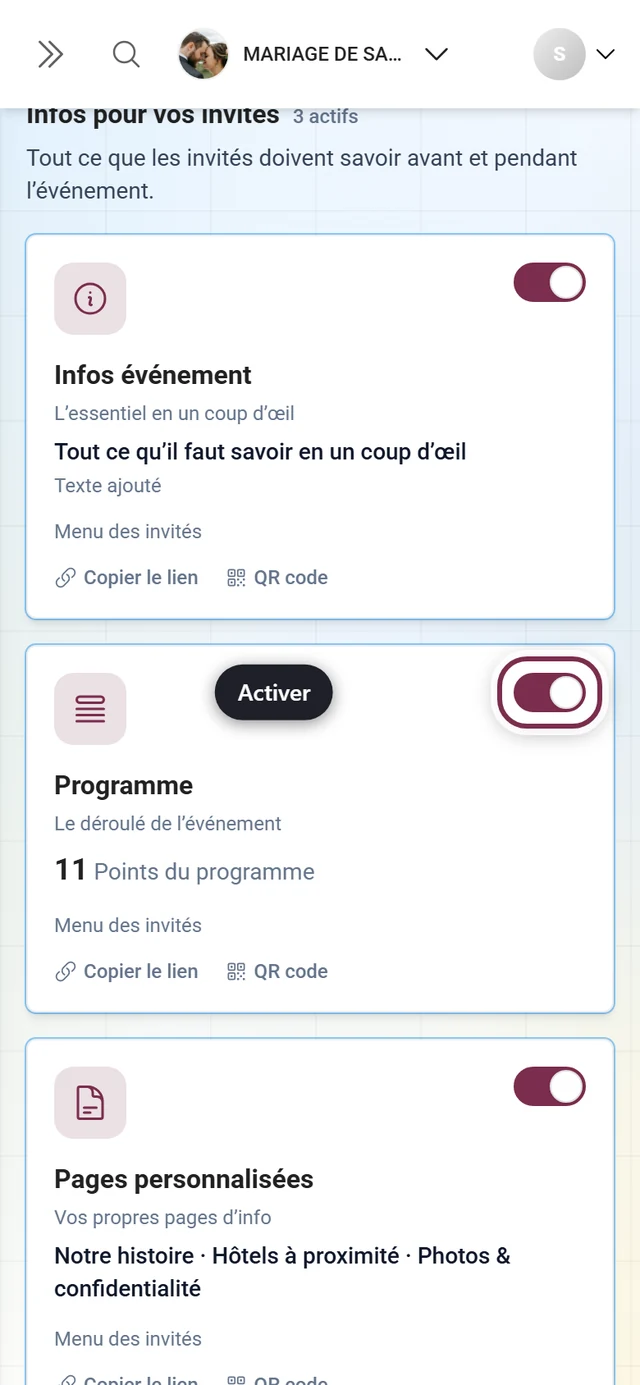 Grille d'outils avec l'interrupteur mis en évidence sur la tuile Programme