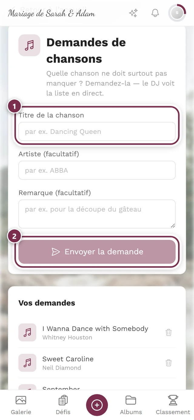 Formulaire de demande côté invité avec des cercles numérotés autour du titre de la chanson et de l'envoi