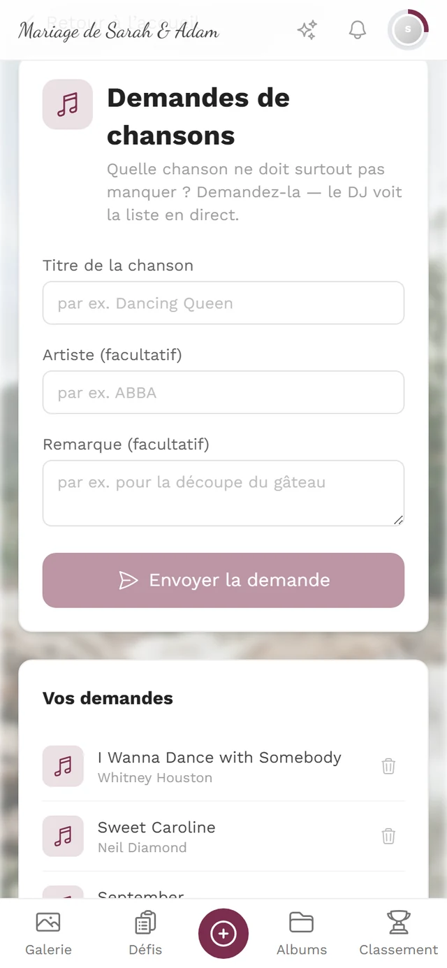 Formulaire de demandes musicales avec les champs Titre de la chanson, Artiste et Remarque