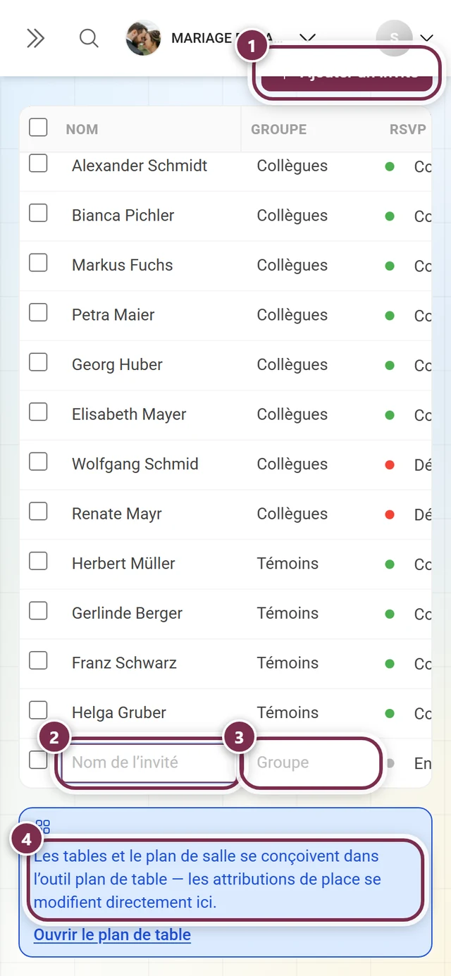 Liste des invités avec le bouton Ajouter un invité, la nouvelle ligne avec nom et groupe et la mention sur l'outil de plan de table mis en évidence