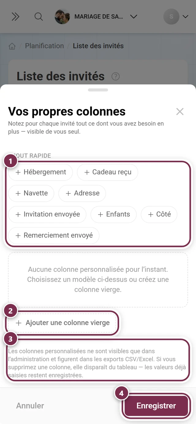 Dialogue Colonnes personnalisées avec la grille de modèles, Ajouter une colonne vierge, la mention réservée à l'administration et Enregistrer mis en évidence