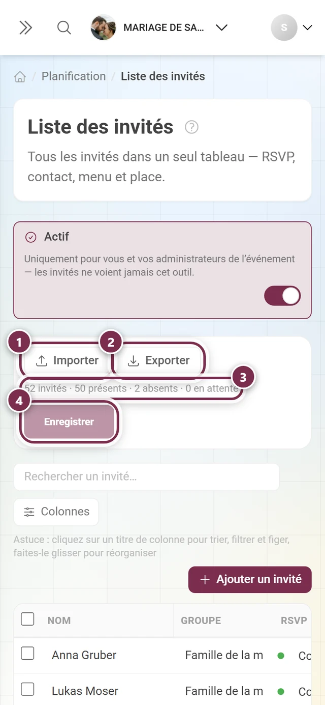 Barre d'actions de la liste des invités avec Importer, Exporter, la ligne de comptage et le bouton Enregistrer mis en évidence