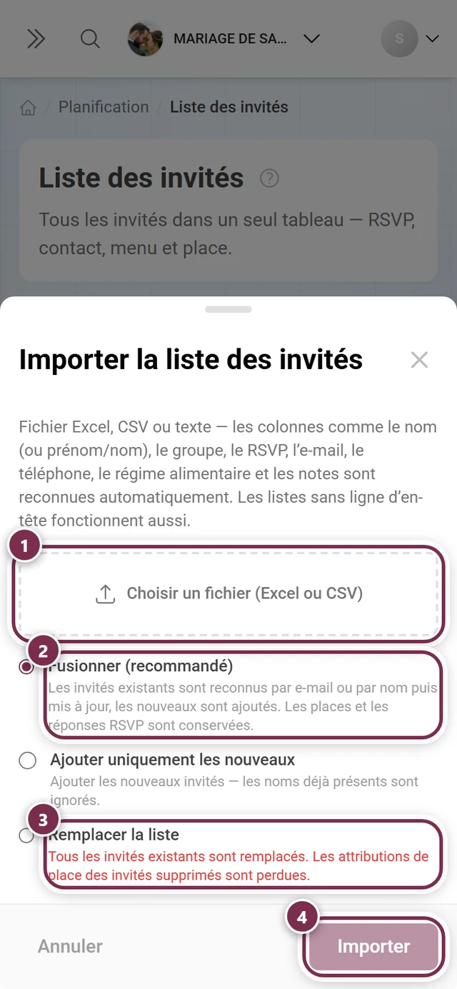Dialogue Importer la liste des invités avec la sélection de fichier, les modes Fusionner et Remplacer la liste et le bouton Importer mis en évidence