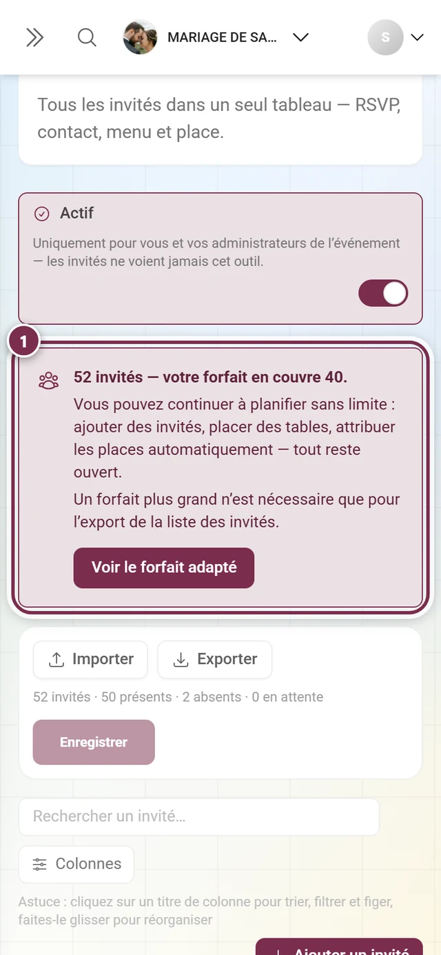 Liste des invités avec l'encadré de quota au-dessus de la barre d'actions mis en évidence