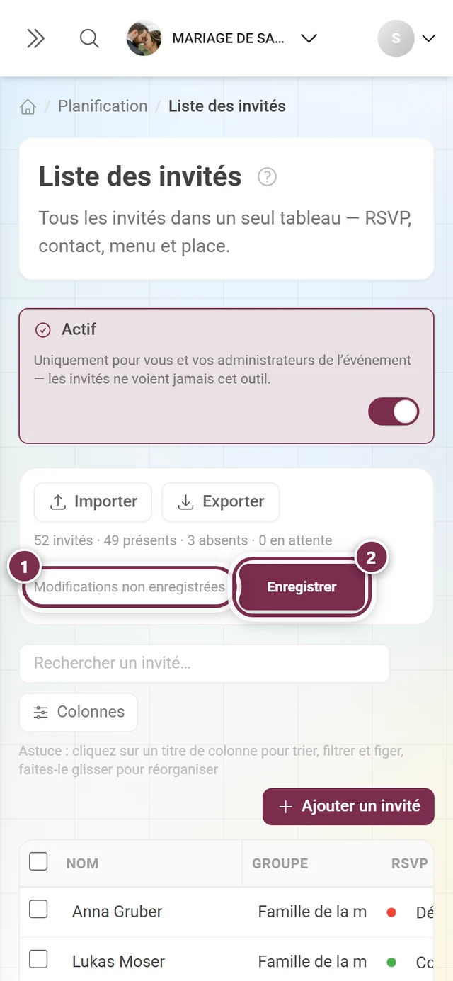 Barre d'actions de la liste des invités avec la mention Modifications non enregistrées et le bouton Enregistrer actif mis en évidence