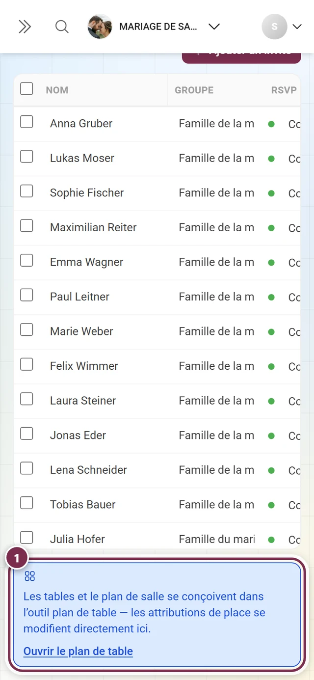 Liste des invités avec le bandeau d'information en bas du tableau mis en évidence