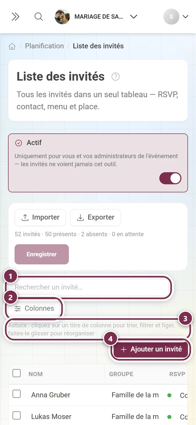Barre au-dessus du tableau avec le champ de recherche, le bouton Colonnes, l'astuce d'utilisation et Ajouter un invité mis en évidence