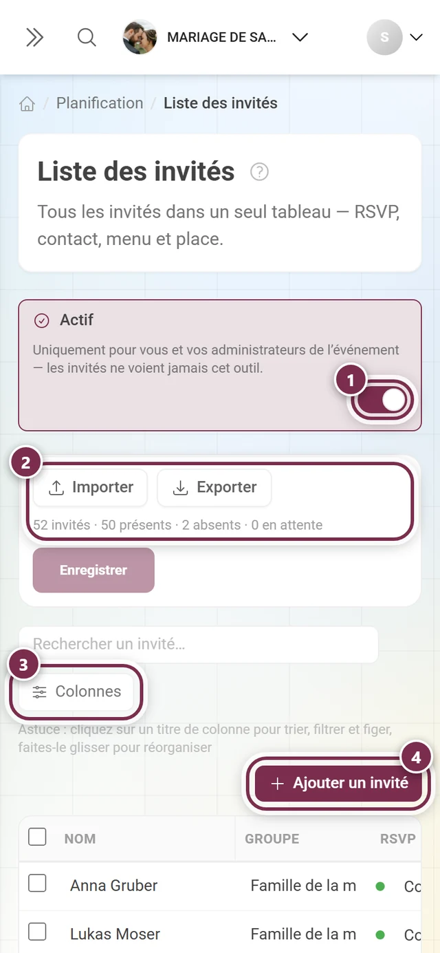 Liste des invités avec l'interrupteur Actif, Importer et Exporter, le bouton Colonnes et Ajouter un invité mis en évidence