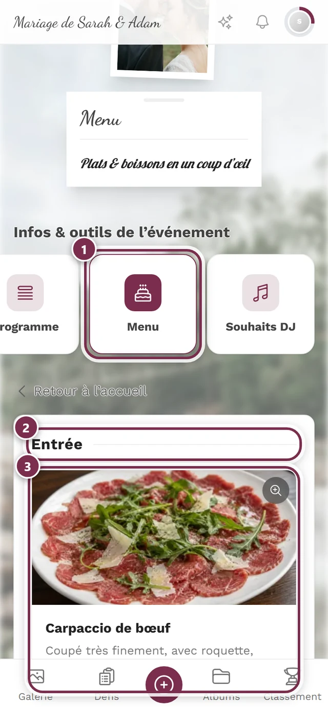 Page du menu avec les services et les plats