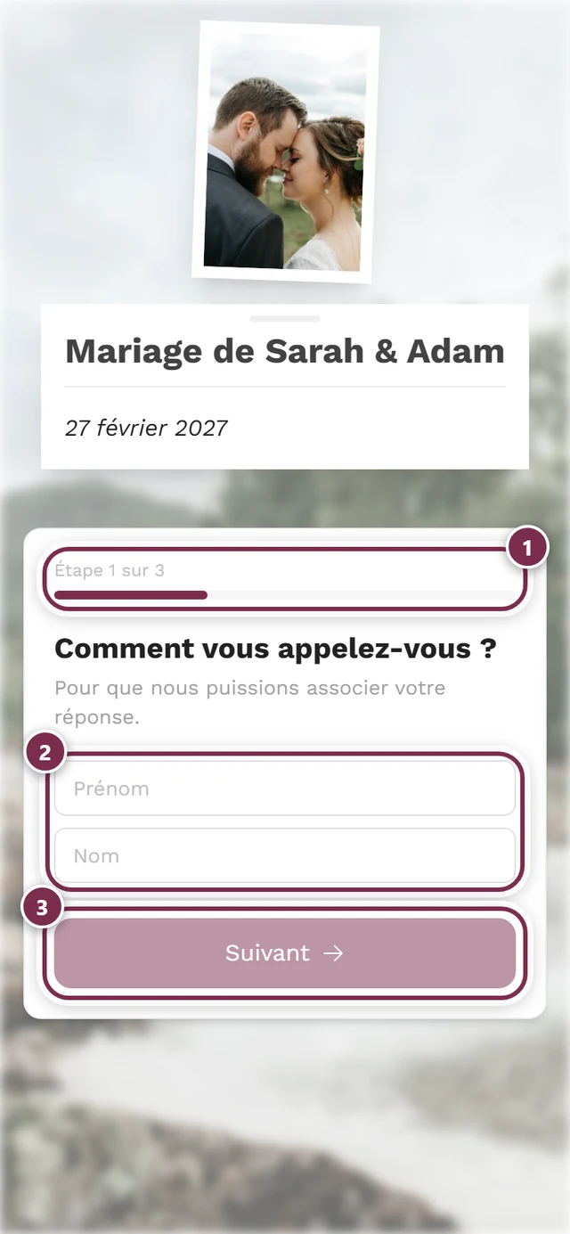 Formulaire RSVP vu par l'invité avec indicateur d'étapes et champ du nom