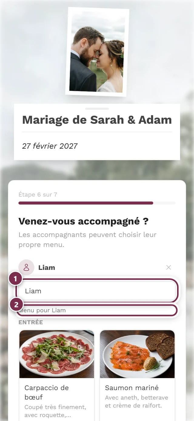 Étape accompagnant avec le champ du nom de l'accompagnant et le titre Menu pour Jonas