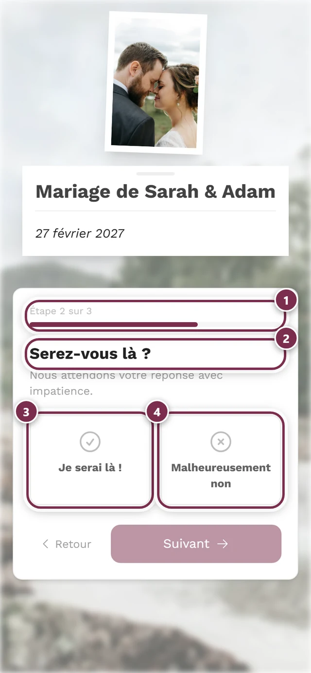 Deuxième étape de l'assistant avec les cartes Je serai là et Malheureusement non