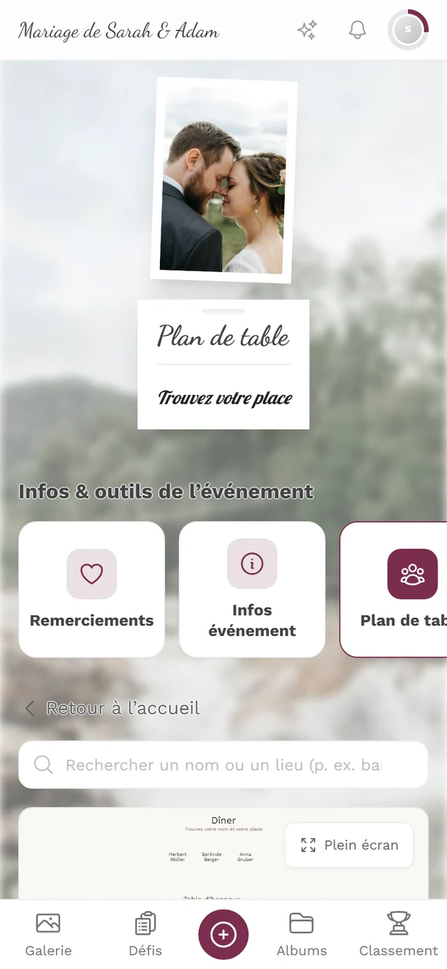 Page Plan de table avec le champ de recherche au-dessus du plan