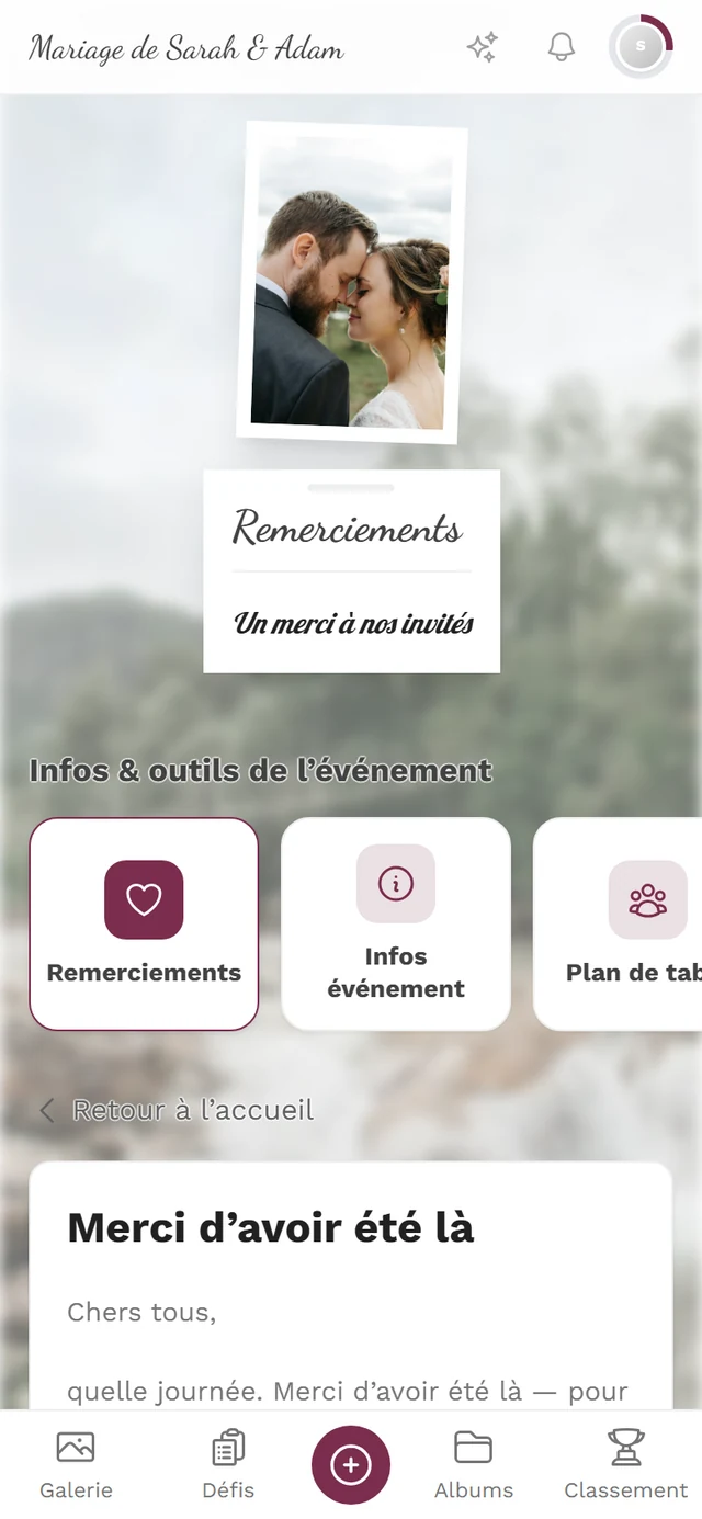 Page de remerciement vue par l'invité avec titre, texte et la tuile Page de remerciement mise en évidence