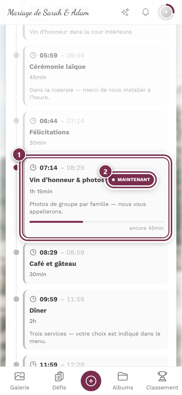 Programme pendant l'événement avec le moment en cours mis en évidence et la mention Maintenant