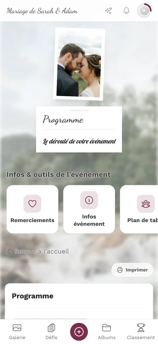 Page Programme avec les moments de l'événement et le bouton Imprimer