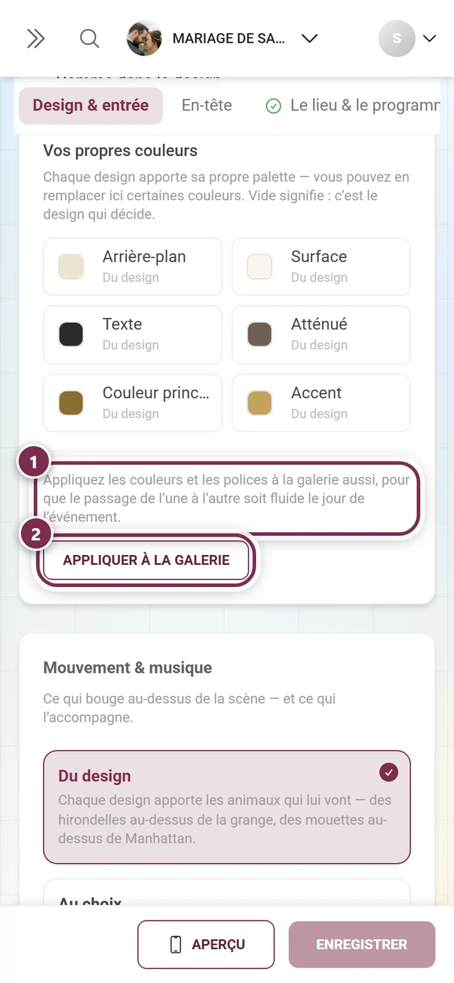 Appliquer à la galerie avec des anneaux numérotés autour de la remarque et du bouton, avec les six rôles de couleur au-dessus