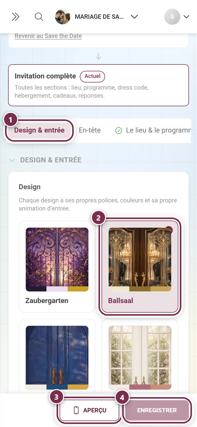 Section Design & entrée avec des anneaux numérotés autour de l'ancre, le design choisi, Aperçu et Enregistrer